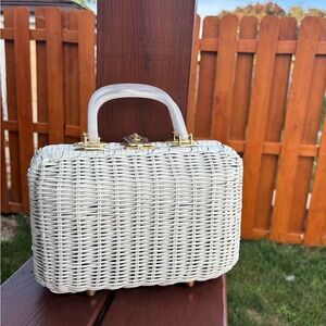 Vintage Cream Wicker Mini Bag with Gold Details